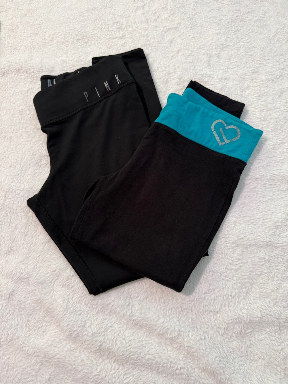 PINK Victoria's Secret Black Leggings with Teal Accent and Heart Logo